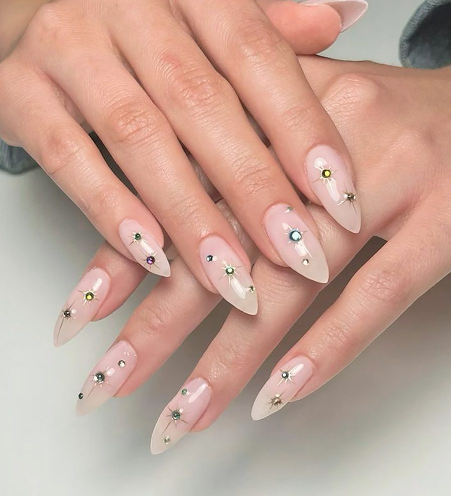 Almond nails with crystal detail